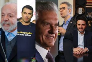 Da esquerda para a direita: Lula, Flávio Bolsonaro, Ronaldo Caiado, Romeu Zema e Renan Santos (Fotos: Divulgação)