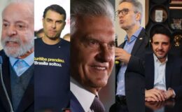 Da esquerda para a direita: Lula, Flávio Bolsonaro, Ronaldo Caiado, Romeu Zema e Renan Santos (Fotos: Divulgação)