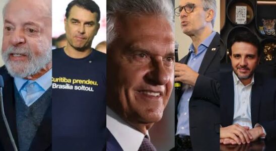 Da esquerda para a direita: Lula, Flávio Bolsonaro, Ronaldo Caiado, Romeu Zema e Renan Santos (Fotos: Divulgação)